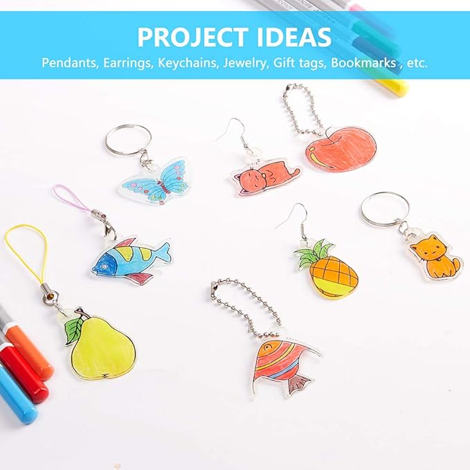 Shrink Art Kit - 166 Pcs with 10 Pcs Shrink Film Paper, 8 Pcs Patterned Shrinky Plastic Paper, Hole Punch, Keychains & Pencils for Crafts and DIY Keychains