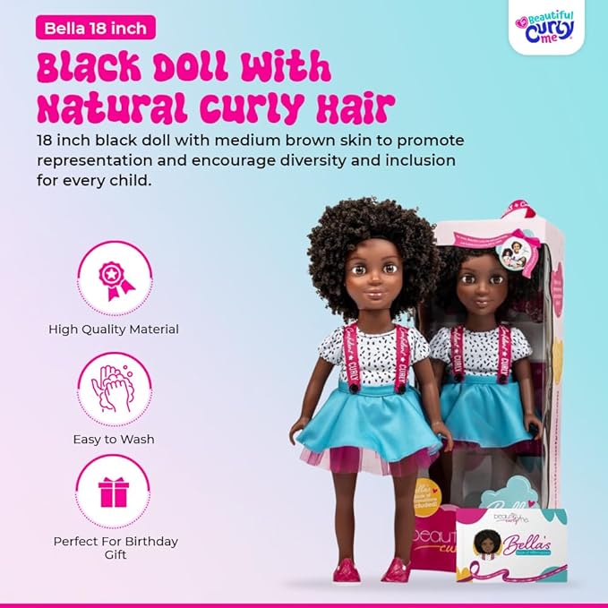 Bella 18-Inch Black Doll with Natural Curly Hair & Medium Brown Skin – African American Baby Doll for Girls Ages 3-9 Years Old - Includes Outfit & Affirmation Book – Perfect for Gift