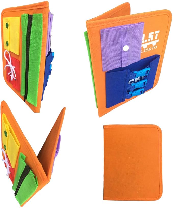 Busy Board Dress Learning Boards for Fine Motor Skills & Learn to Dress, Basic Life Skills Sensory Board, Learn to Zip, Snap, Tie Shoe Laces and Buckle (Type1, Orange)