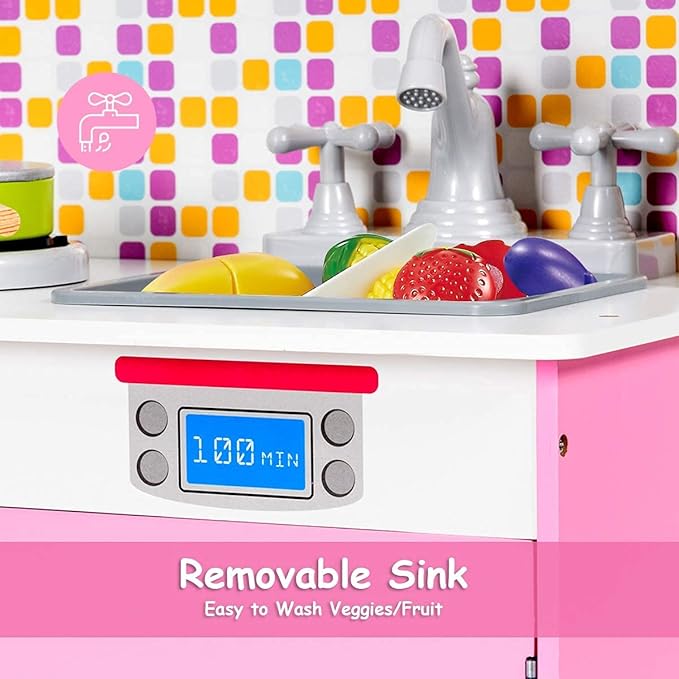 GLACER Kids Kitchen Playset, Wooden Pretend Cooking Set w/Removable Sink, Food & Cookware Accessories, Top Display Shelf, Play Kitchen Toy Set, Realistic Cooking for Toddlers (Pink)