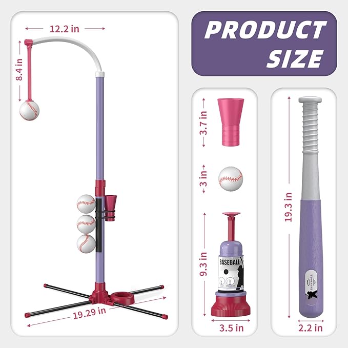 3-in-1 T Ball Set - Adjustable Height, Hanging Tee Ball Set with Automatic Pitching Machine/6 Balls/Retractable Bat, TBall Stand Suit for Outdoor, Sport Toys Gifts for Kids Girls Age 3+