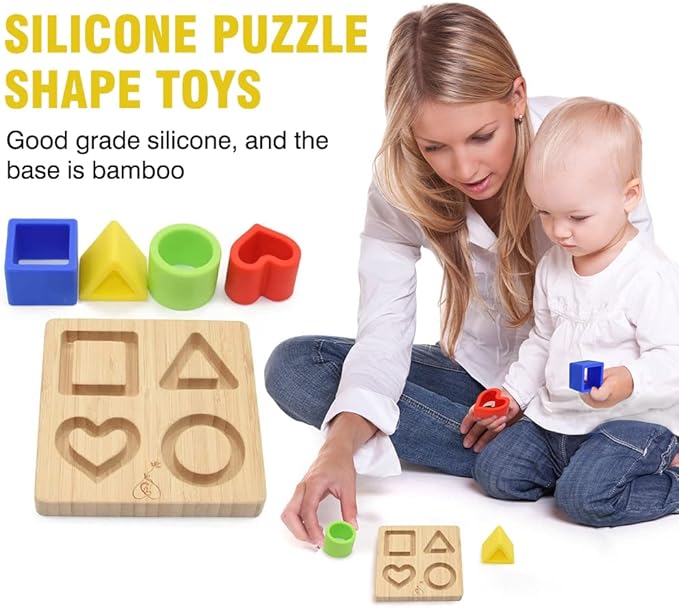 My Little Nugget Silicone (Heart) Puzzle Shape Toy with a Bamboo Base, Stacking Blocks, Safe Teething & Squeezing Play, BPA Free, Developmental and Educational Toy for Kids,