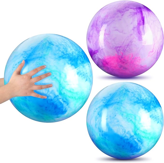 Deekin 2 Pcs 15 Inch 18 Inch Marbleized Bouncy Balls Large Inflatable Rubber Sensory Ball for Playground Outdoor Water(15 Inches,Blue and Purple)