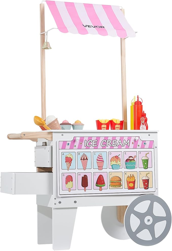 VEVOR Ice Cream Cart for Kids, 20+ PCS Accessories, Pretend Play Ice Cream Shop Kitchen Food Toys with Ice Cream Cone & Popsicle, Awning & Freezer, Storage Drawers & Flipping Menus, for Kids Aged 3-7