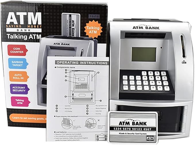 ATM Piggy Bank for Kids, Electronic Money Bank with Coin Counter, Goal Tracker, Password & Card, Auto Bill Intake with Voice Prompts – Compact Savings Gift for Boys & Girls Ages 6–12 (Black)