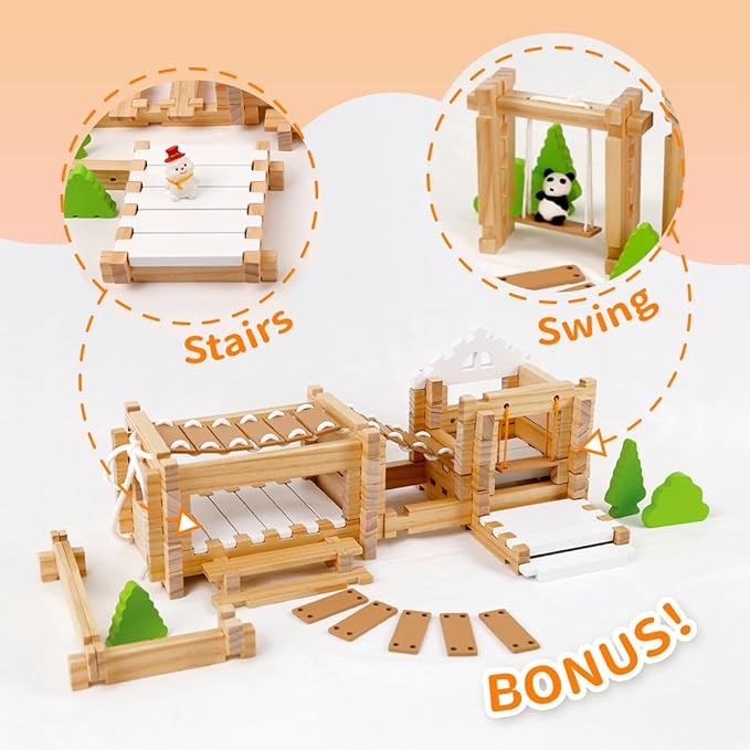Jovi-mindly＆Notchies 96 PCS Wooden Blocks Wooden Toys with Storage Bag, Preschool Learning Toys Wood Blocks Building for Kids Ages 4-8 Creative Construction Game,FSC Certified,Halloween Gifts