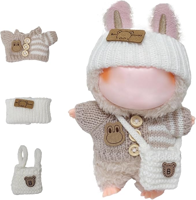 Clothes for 17cm Dolls Accessories Crochet 3 Piece Set Outfits for Doll(Beige Sweater)