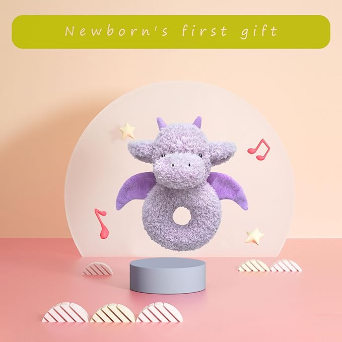 Baby Dragon Soft Rattle Toy, Plush Dinosaur Infant Shaker Rattle Easy-Grasp Stuffed Animal Toy, Gifts for Newborns Babies Toddlers Boys Girls, Purple, 6 Inches