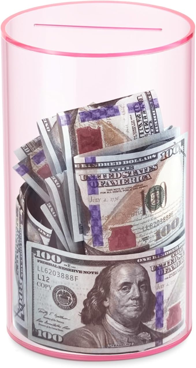 Clear Piggy Bank for Adults/Kids, Acrylic Unopenable Money Box for Cash Coin Saving, Must Break to Open, Money Saving Jar for Adults Boys Girls, Size 8" H x 5" Diameter(Pink)