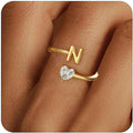 Gold Initial Rings for Women Girls - 18K Gold Plated Adjustable Letter A-Z Initial Ring Dainty Heart Zirconia Rings for Women Teen Girl Gifts