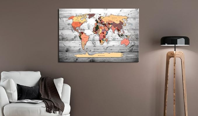 artgeist Pinboard World Map 35x24 in - Cork Board & Canvas Print Wall Art 1 pcs Memoboard with 50 Pins Noticeboard Message Board Image Picture Home Decor Travel Map k-B-0009-p-c