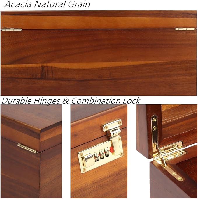 Large Wooden Storage Box with Combination Lock, 12.5 IN Acacia Wood Keepsake Box with Lid for Storage Trinkets, Jewelry, Card, Photo, Wooden Lock Decortive Case for Home -WB005-X Large