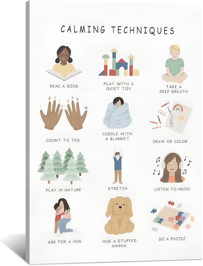 Feelings Calming Techniques Canvas Wall Art Calming Corner Classroom Mental health Posters Boho Emotions Chart for Kids Prints Special Education Wall Decor for Office School 24x36in Framed