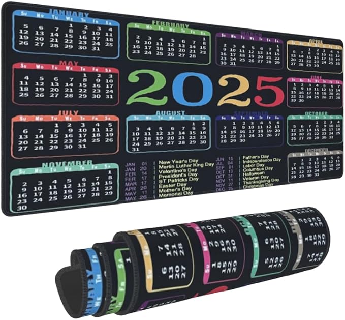 Black Calendar 2025 Desk Pad, Gaming Mouse Pad, Non-Slip Rubber Base, Stitched Edges，23.6x11.8 inch Computer Mouse Mat Keyboard for Home Office