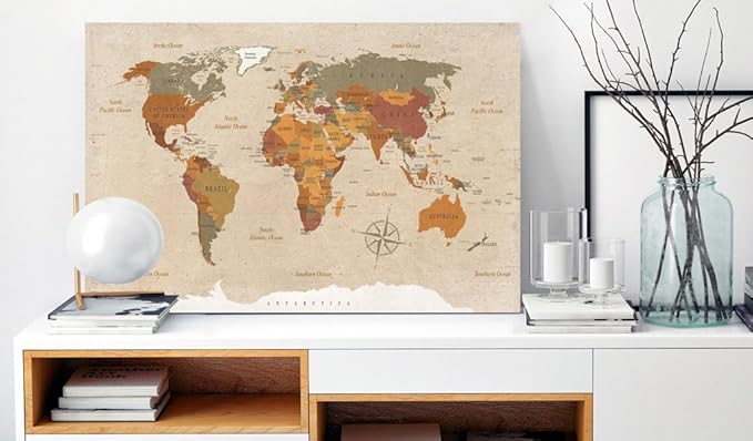 artgeist Pinboard World Map 35x24 in - Cork Board & Canvas Print Wall Art 1 pcs Memoboard with 50 Pins Noticeboard Message Board Image Picture Home Decor Travel Map k-C-0048-p-d