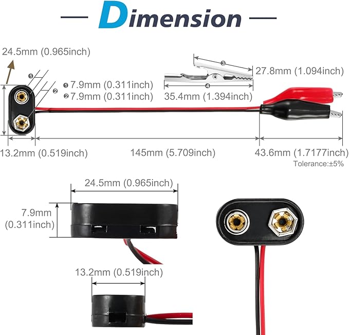 CHANZON UL Wires Battery 9v Alligator Clips Battery Snap in Connector,5 Pcs Plastics T-Type for Arduino LED Strip
