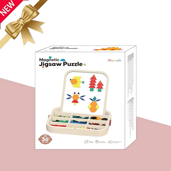 288 PCS Wooden Magnetic Pattern Blocks Set – Montessori Tangram Puzzle with Pattern Cards & Storage Bag | Preschool Montessori Brain Teaser, STEM Gift for 3-8 Years Old Toddler Kids