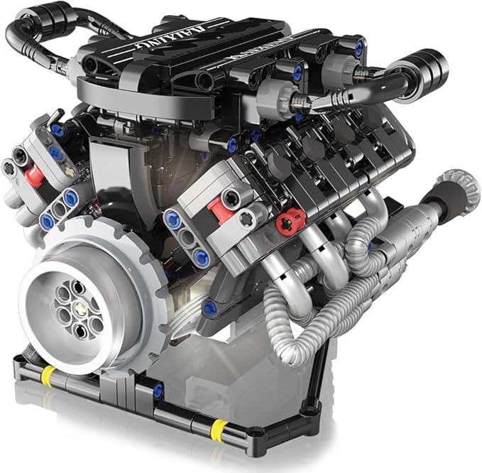 39007 V8 Engine Model Kit, Runnable, Build Your own STEM Visible Mini V8 Engine Model Kit with Lights, Adult and Adolescent Physics Science Experiment Building Block Set (715 Pcs)
