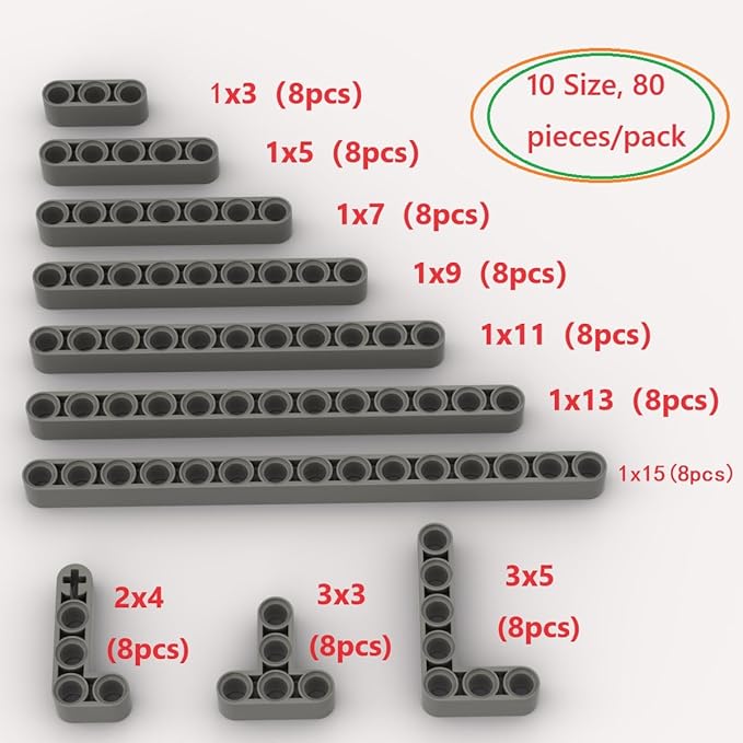 Liftarms Assortment Pack - 80 Dark Gray Liftarms Beams with 10 Sizes, Compatible with Lego Parts