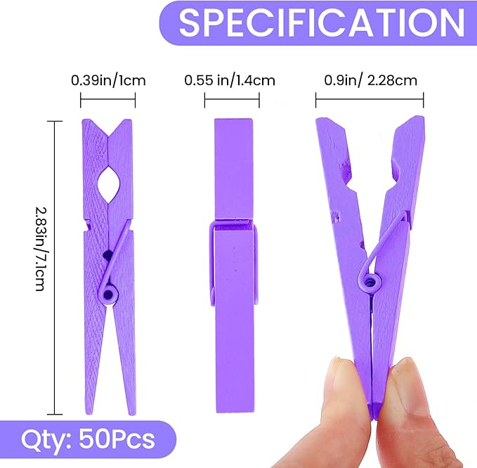 50PCS Colored Wooden Clothespins, 2.9inch Purple Clothes Pins for Clip Pictures Photos Decorative, Small Colorful Wood Decoration Closepins Clips