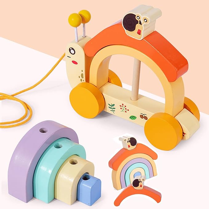 Wooden Push and Pull Snail Toy with Removable Colorful Stacker, Wood Snail Rainbow Stacker with Wheel - Ideal for Grasping Practice and Developing Hand - Eye Coordination Motor Skills
