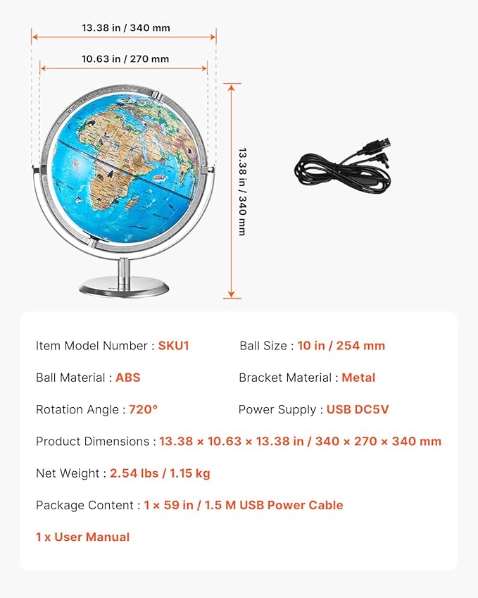 VEVOR Educational World Globe, 10 in/254 mm, Interactive Globe for Kids, with AR Golden APP, 720° Rotation, LED Night Lighting, 197 National Geographic Knowledge, STEM Toy, for Children Ages 4–10