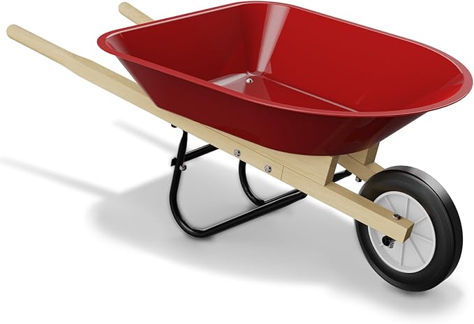Qtioucp Kids Wheelbarrow Set with Gardening Tools Outdoor Backyard Garden Play for Toddlers Boys Girls 3-8, with Shovel, Rake, Leaf Rake, Easter Birthday Gifts (Wheelbarrow Red Color)