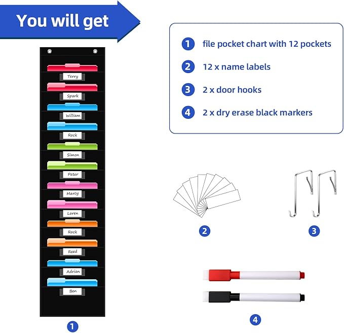 REGELETO 12 Pockets Storage Pocket Chart with 12 Nametag Pockets,Hanging Wall File Organizer for Classroom and Office, Organize Your Assignments, Files, Scrapbooks, Paper (Black)