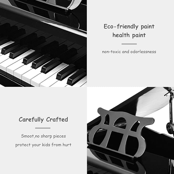 Goplus 30-Key Classical Kids Piano, Mini Grand Piano Wooden Learn-to-Play Musical Instrument Toy with Bench, Piano Lid, Music Rack, Gift for Boys Girls Aged 2+ Baby Tollder(3 Straight Leg-Black)