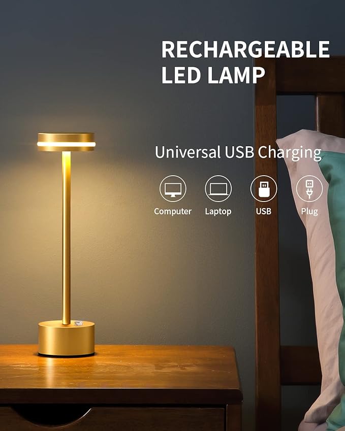 PUSU Table Lamps with Touch Control,Cordless Battery Operated Led Desk Lamp,3-Level Brightness Portable Table Lamp,for Living Room Office Bedroom Dormitory Restaurant Camping.