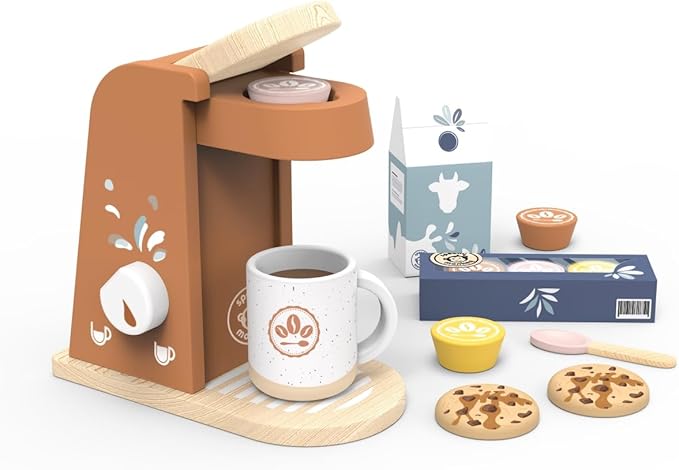 Speedy Monkey Wooden Kids Coffee Machine Playset – FSC Certified Pretend Play Espresso Maker, Barista Role Play Café Set Toy for Toddlers, Boys & Girls, Coffee Grinder with Cups & Kitchen Accessories