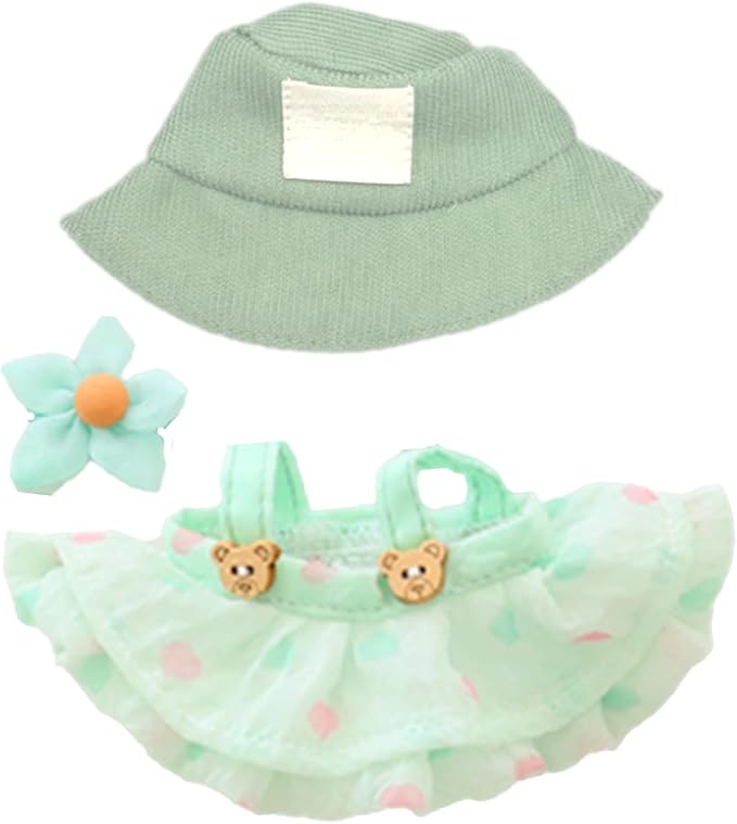 Clothes for 17cm Doll (Clothes Only) – 3-Piece Outfit Set with Hat, Green Dress and Flower Accessory for an Adorable Dressed-Up Look – 17cm Doll Accessories