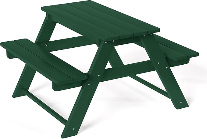 Costaelm Kids Picnic Table, HDPE All Weather Outdoor Toddler Picnic Table and Chair Set Kids Bench for Patio, Backyard, Garden, Lawn, Dark Green