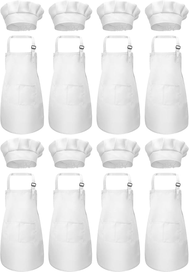 8 Set Kids Apron and Chef Hat Set Kids Apron with 2 Pockets Adjustable for Boys Girl's Cooking Baking Painting
