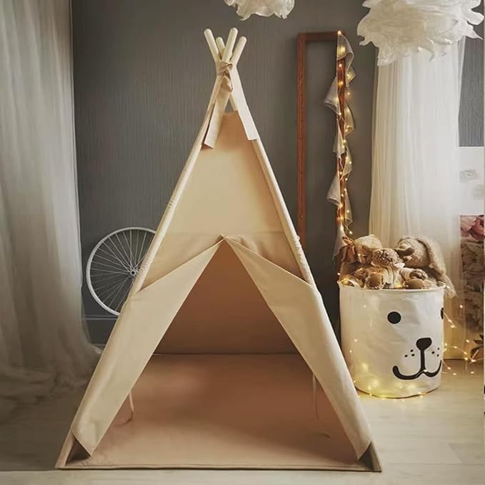 Teepee Tent for Kids-Portable Children Play Tent Indoor Outdoor (Apricot with Mat)