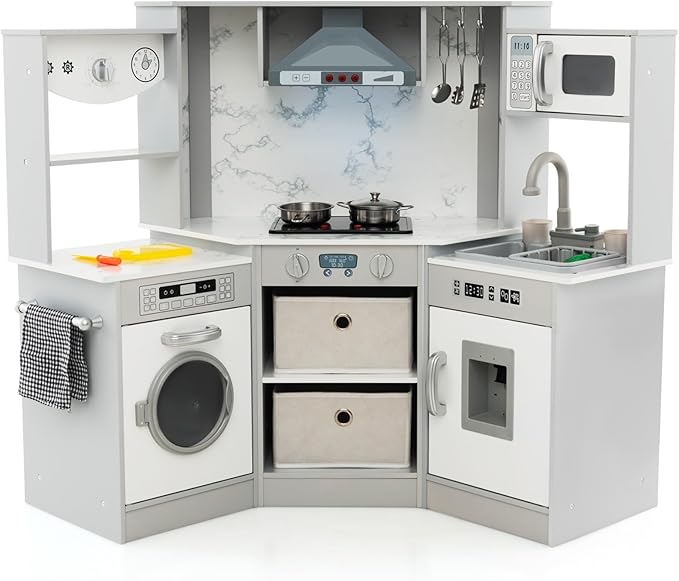 Costzon Corner Play Kitchen, Wooden Toddler Kitchen Playset with Lights and Sounds, Water Circulation System, Washing Machine, Toy Kitchen with Accessories, Kids Kitchen Playset (Grey)