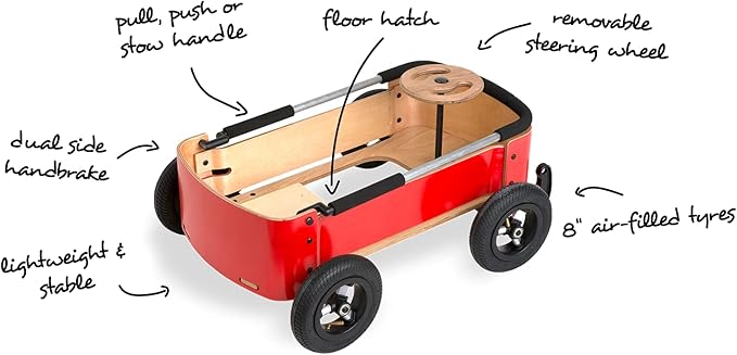 Wishbone Wagon 3in1, My First Wagon in Classic Red for Outdoors, Soap Box Racer and Foot to Floor Car, Push and Pull, Ages 12 months to 10 years