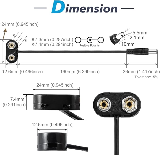 CHANZON UL Wires 9v Battery Adapter Converter 9 Volt Power Guitar Cable Clip with 2.1mm x 5.5mm Male 5Pcs T-Type Plastics Termianl