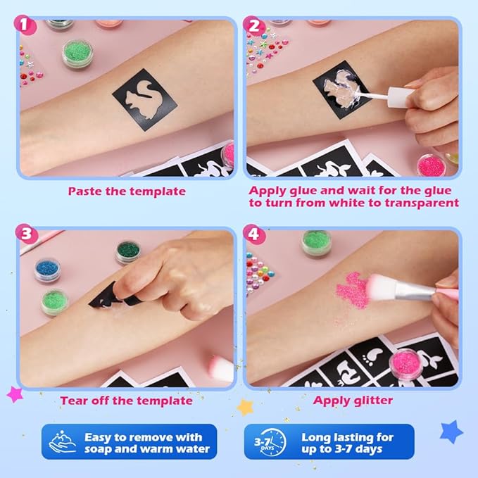 Temporary Glitter Tattoo Kids, Bledras 42 Glitter Colors Glitter Tattoo Kit,210 Unique Stencils,3 Glue,5 Brushes,6 Stickers, Glitter Tattoos for Kids,Adults,Boys Girls Birthday Party Halloween