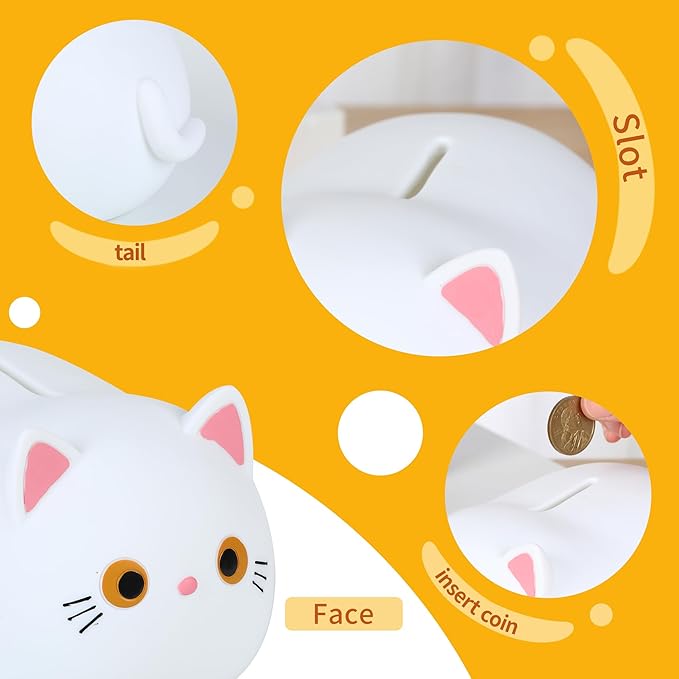 H&W White Cat Piggy Bank for Girls,Plastic Coin Bank,Unbreakable Money Bank,Cute Piggy Bank for Kids,First Money Box,Best Birthday