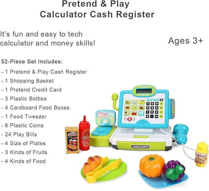 FS Pretend Play Cash Register Toys with Scanner, Calculator, Large Drawer, Microphone, Play Food, Supermarket Cashier Register Toy, Pre-School Gift for Kids, Toddlers, Boys & Girls, Ages 3 4 5 6 7 8