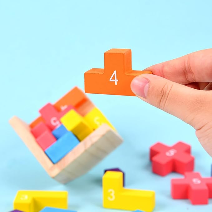 Wooden Puzzle Blocks Brain Teasers Game 3D Building Toy Geometric Wood Shape Puzzles 20Pcs Montessori STEM Educational Toys Gift for Kids Adults