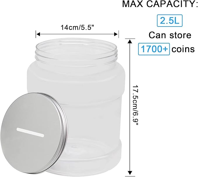 Large Clear Coin Bank Jar with Slotted Lid, Big Plastic Money Tip Change Savings Coin Jar for Piggy Bank or Raffle Ticket, Clear Money Coin Tip Piggy Change Bank Box for Adults Teens Kids