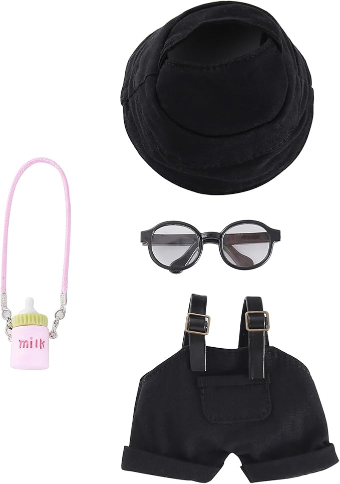 4-Piece 17cm Doll Clothes Set Clothes for Dolls Black Overalls, Fisherman Hat, Glasses & Pendant – 17cm Doll Overalls Accessories Only