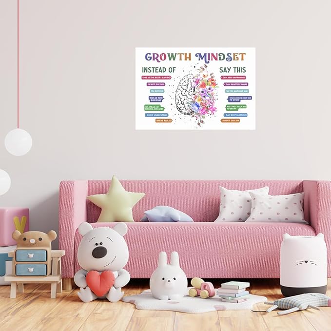 uoyien Classroom Growth Mindset Affirmations for Kids Mental Health Posters Brain Poster Psychology Special Education Calm Corner Wall Art Office Therapy Canvas Wall Decor Prints 16x24in Unframed