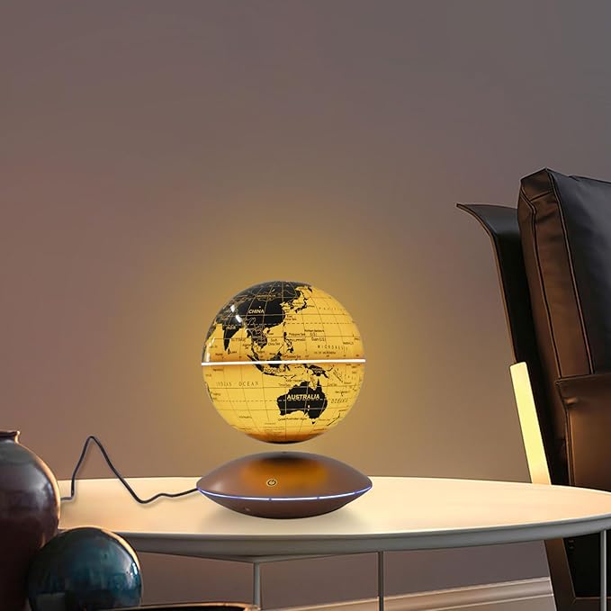 6" Magnetic Levitating Globe, 360°Rotating Geographic Globes Levitating Globes with LED Light Floating Magnetic Levitation Floating Globe for Desk Home Office Classroom Study Room(Gold/Single Color Light)