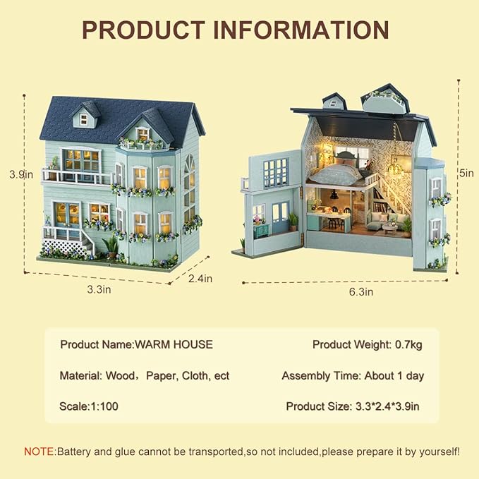 DIY Miniature House Kit, CUTEROOM Wooden Dollhouse Kit Mini House Making Kit with Furnitures, DIY Dollhouse Kit Birthday Gift for Women and Girls (Warm Manor)