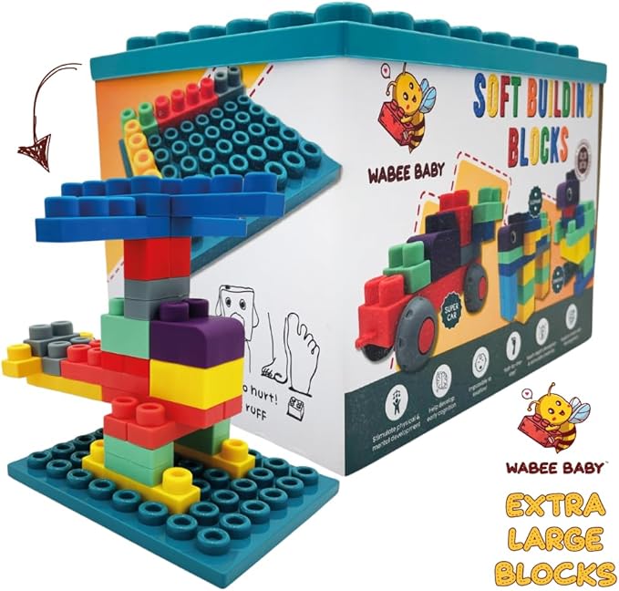 Big Soft Toddler Blocks 1-3, 40-Pieces with Baseboard for Building Stacking Playing and Booklet - Great Gift, Toys for Ages 2+, 2-3, 3-5 and 4-8 Boys, Girls