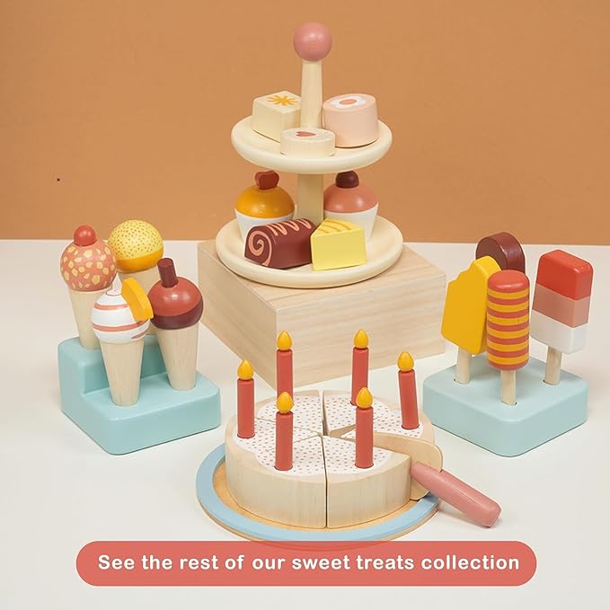Mentari Toys - Sunny Ice Lolly Stand - 5pc Wood Ice Lolly Popsicle Play Food Set with Base - Pretend Play Food Accessories - Encourage Role Play and Develop Social Skills - Gift for Toddlers - Age 2+