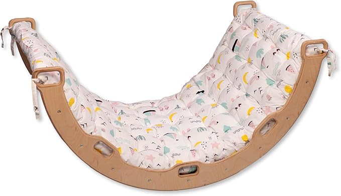 Climbing Arch | Montessori Rocker Arch | Arch with Cosy Pillow | Wooden Climbing Arch with Cushion | Wooden Climbing Arch and Rocker | Indoor Playground Cosy Cushion Rocker (Flamingo)